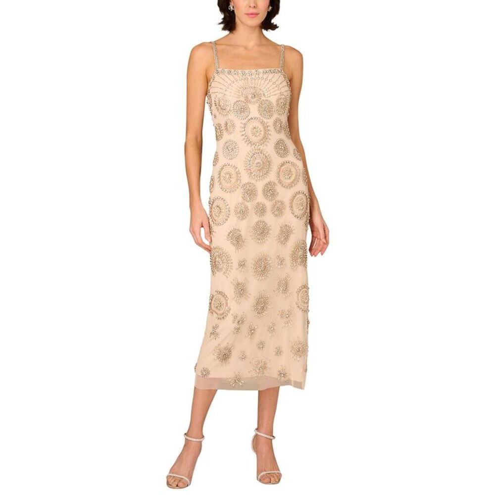 Aidan Mattox Womens Beaded Sleeveless Midi Dress
